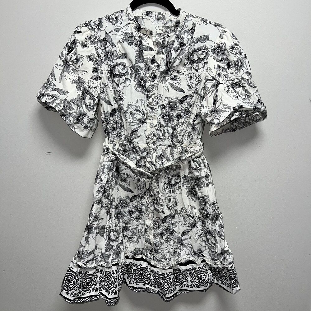 Joie Floral Puff Sleeve Belted  Black & Cream Dress Size 2 mini button
